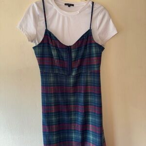 Plaid Slip Dress with White Crop Tee